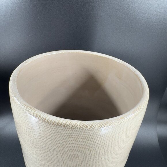 1980s Pottery Linen Straight Sided Vase in Beige on Cream Ceramic Vessel W Tag - Picture 9 of 10